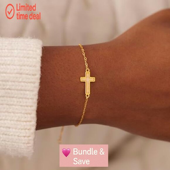 18K Gold Plated Cross Bracelet, 6" Length, Sterling Silver, Dainty Charm - Picture 3 of 7